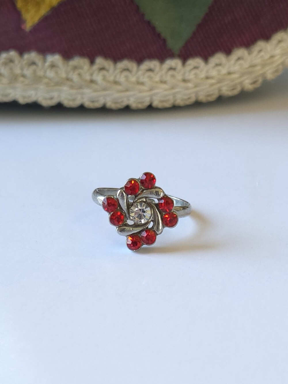 Red Crystal Silver Plated Adjustable Ring Size 5 & Up